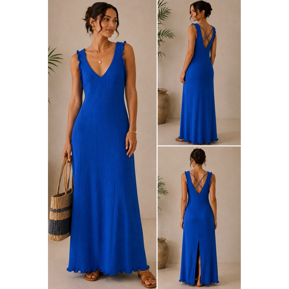 Daily Practice Anthropologie Sapphire Blue Ribbed Knit Maxi Dress Large NWT